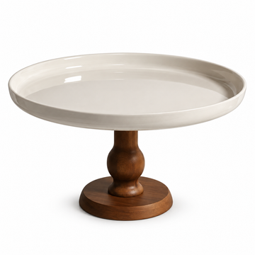 French Vintage Ceramic Cake & Fruit Plate with Wooden-Style Stand