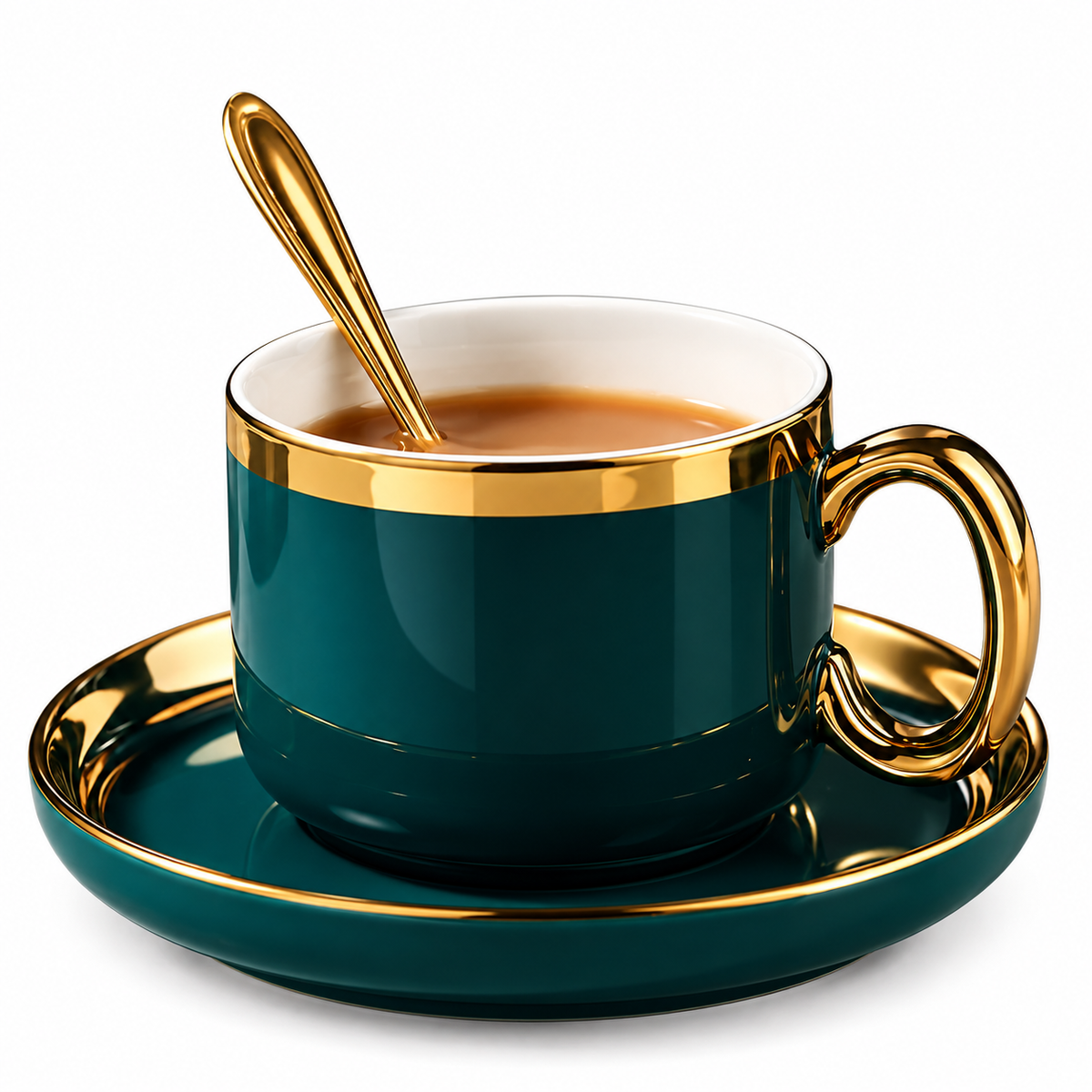 Green Ceramic Coffee Cup & Saucer Set with Gold Trim – 200ml