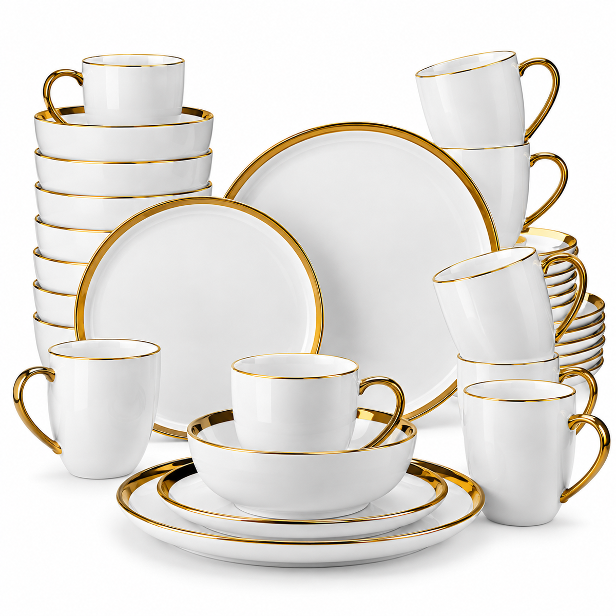White Stoneware Dinnerware Set with Gold Trim – Handmade Style Tableware