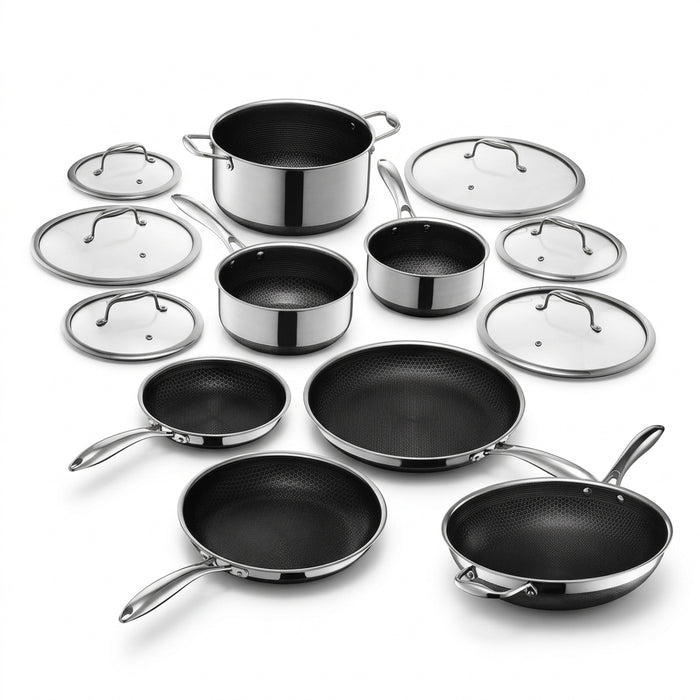 13-Piece Hybrid Stainless Steel Cookware Set with Tempered Glass Lids