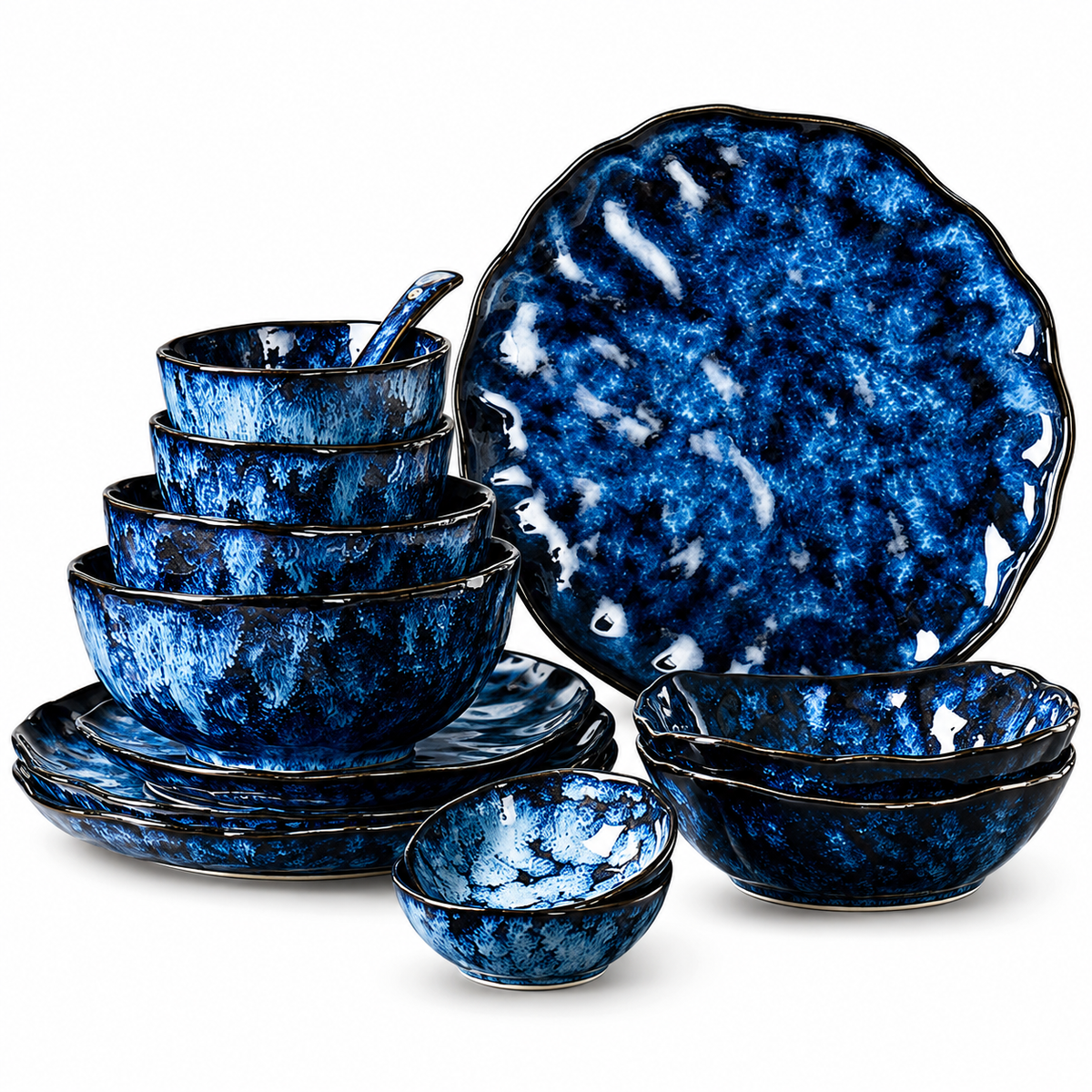 Blue Ceramic Dinnerware Set With Plates & Bowls