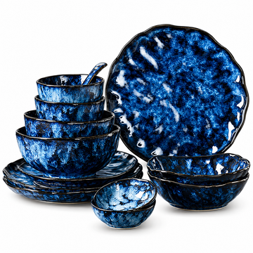Blue Ceramic Dinnerware Set With Plates & Bowls