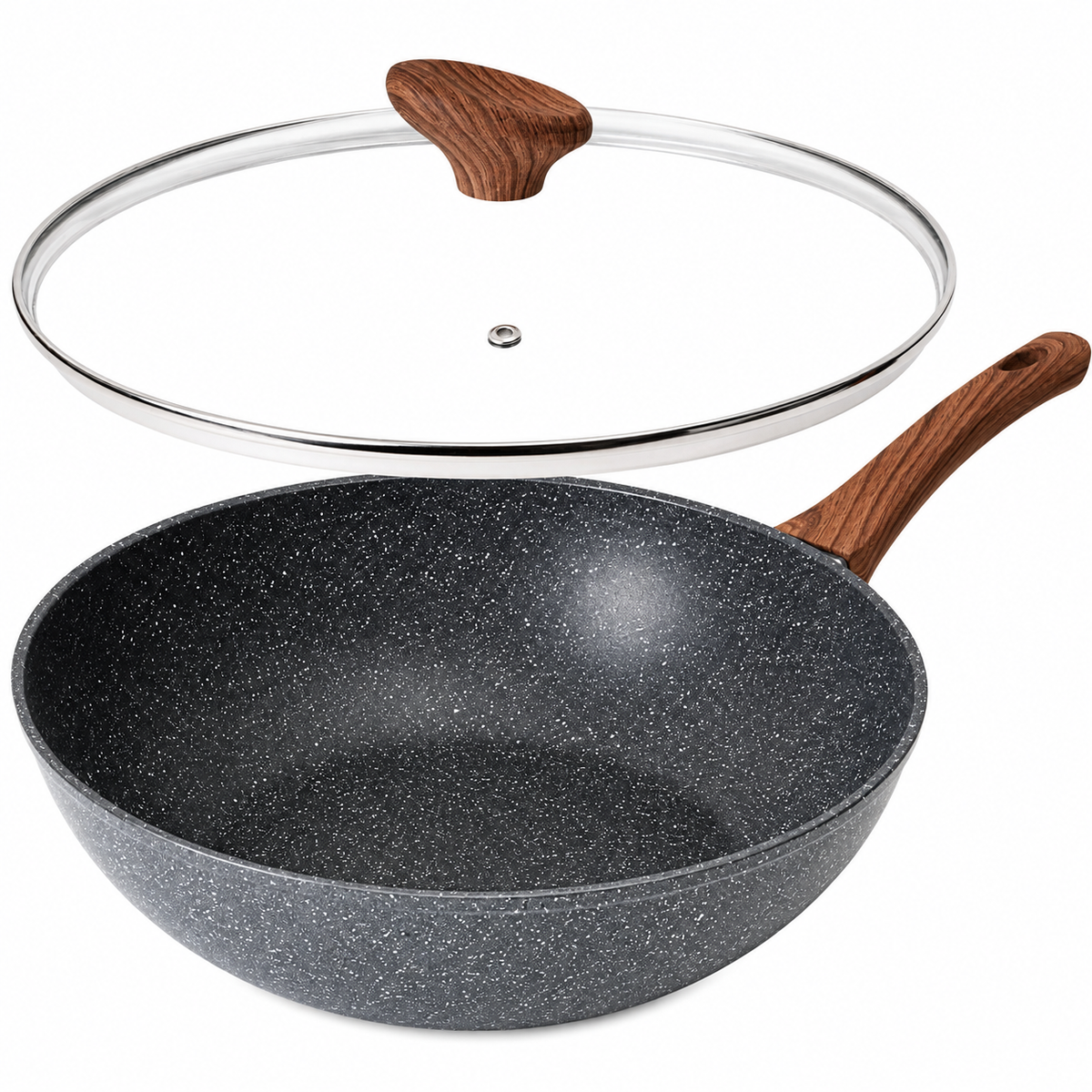 Granite Non Stick Wok Pan With Glass Lid