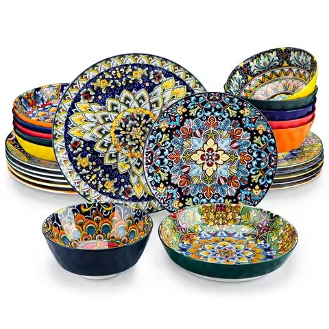 Bohemian Ceramic Dinnerware Set Colorful Mandala Plates & Bowls for Elegant Dining