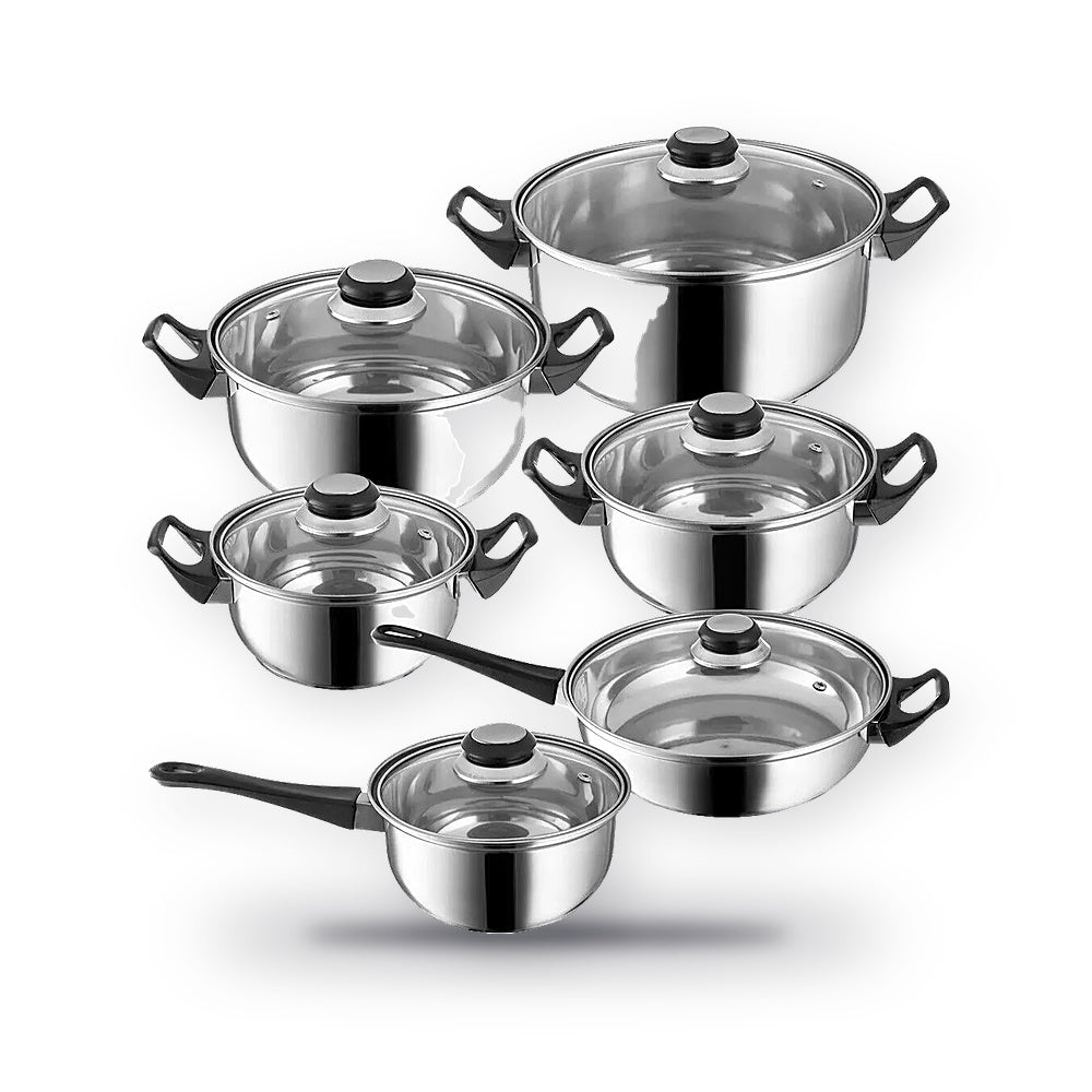 12 Piece Stainless Steel Cookware Set Saucepan Pan Casserole Pots Glass Lids