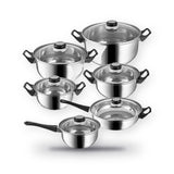 12 Piece Stainless Steel Cookware Set Saucepan Pan Casserole Pots Glass Lids