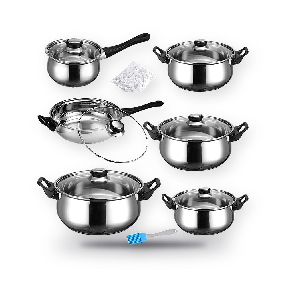 12 Piece Stainless Steel Cookware Set Saucepan Pan Casserole Pots Glass Lids