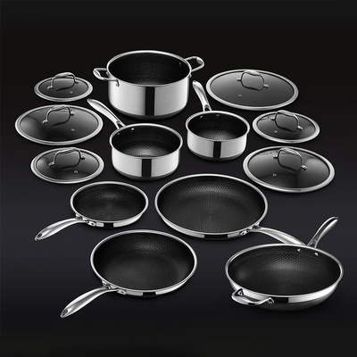 13-Piece Hybrid Stainless Steel Cookware Set with Tempered Glass Lids