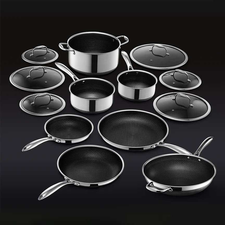 13-Piece Hybrid Stainless Steel Cookware Set with Tempered Glass Lids