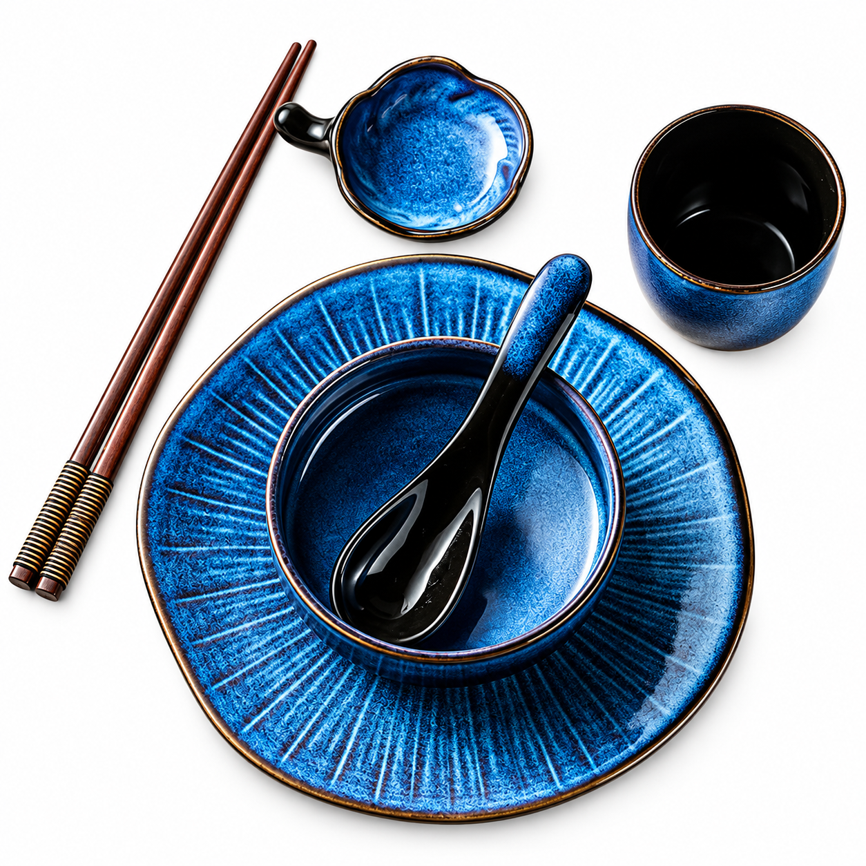 Blue Ceramic Dinnerware Set With Bowl Spoon Cup & Chopsticks
