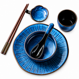 Blue Ceramic Dinnerware Set With Bowl Spoon Cup & Chopsticks