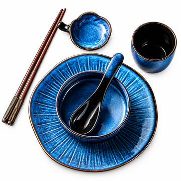 Blue Ceramic Dinnerware Set With Bowl Spoon Cup & Chopsticks