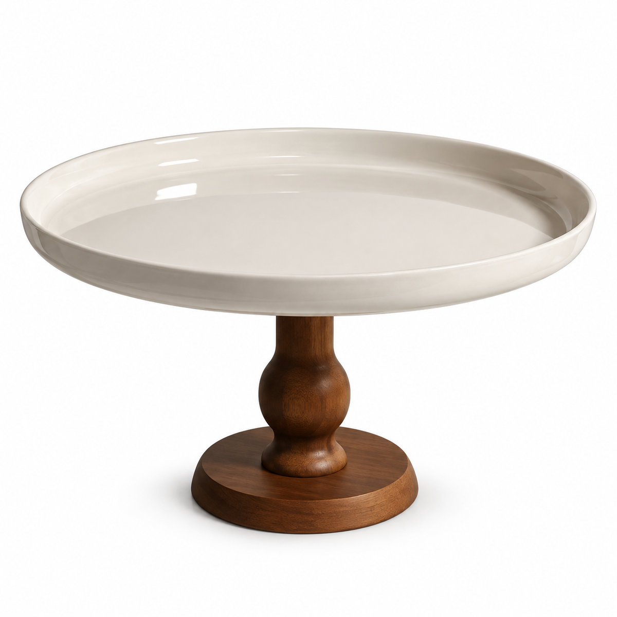 French Vintage Ceramic Cake & Fruit Plate with Wooden-Style Stand