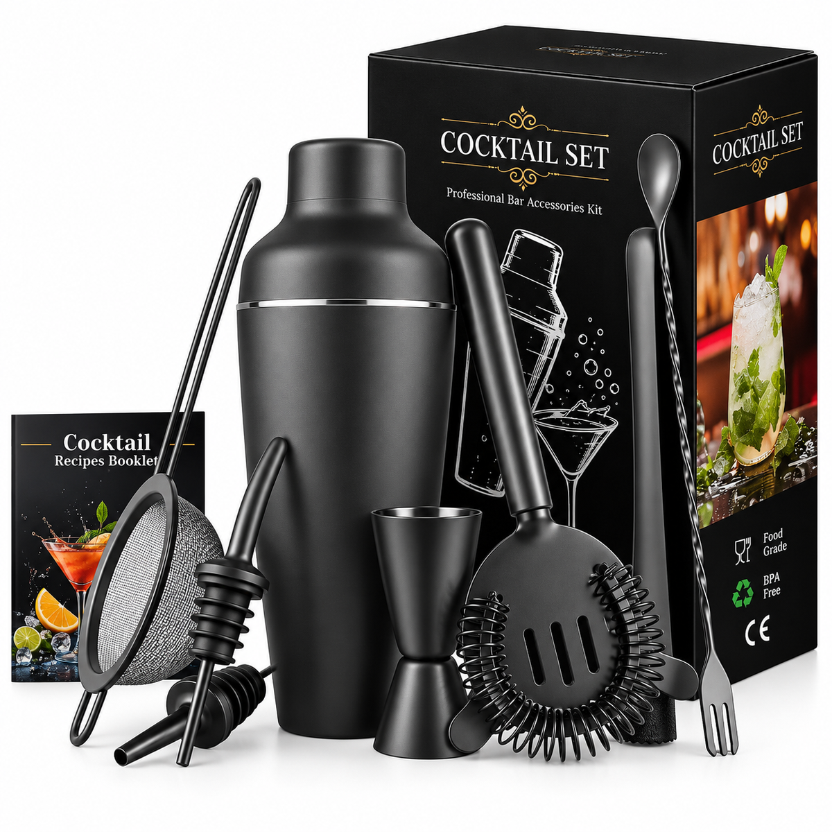 8-Piece Matte Black Cocktail Shaker & Bar Tool Set