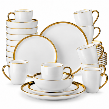 White Stoneware Dinnerware Set with Gold Trim – Handmade Style Tableware
