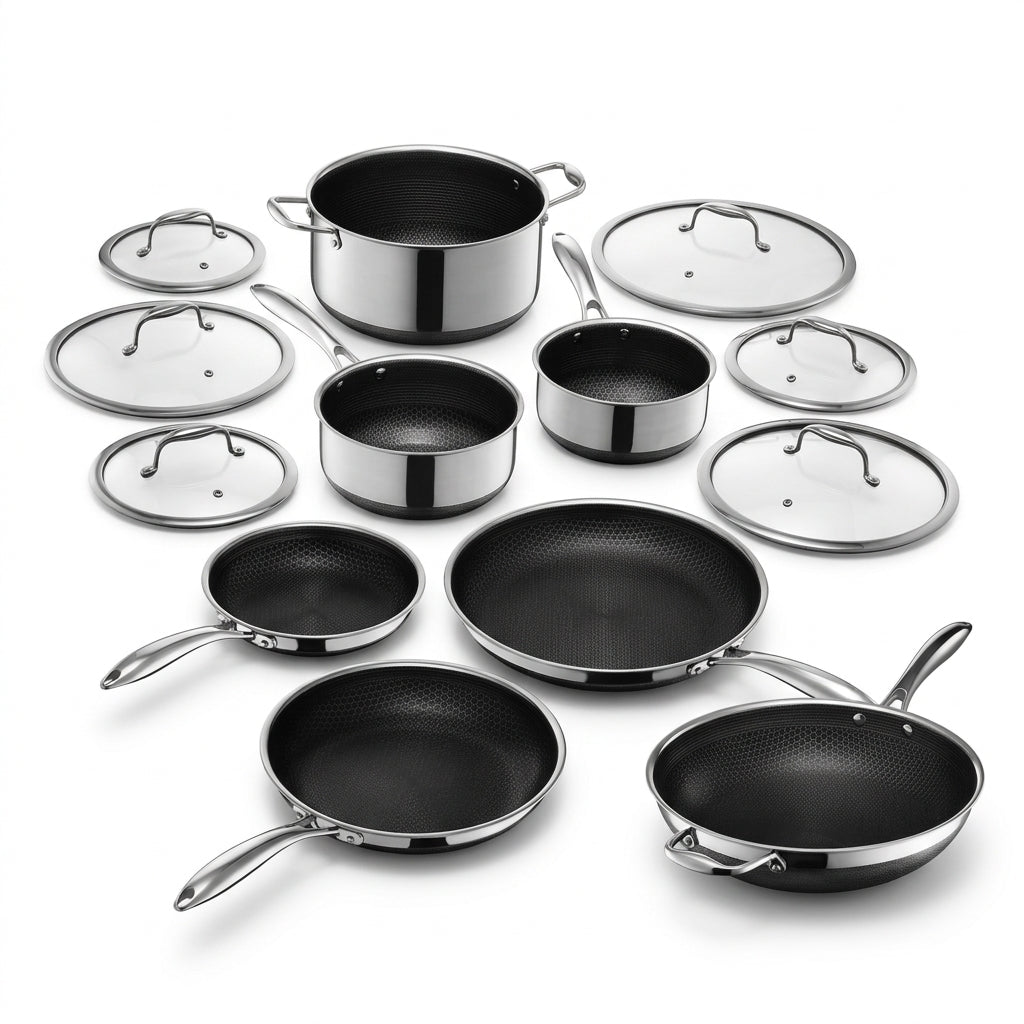 13-Piece Hybrid Stainless Steel Cookware Set with Tempered Glass Lids