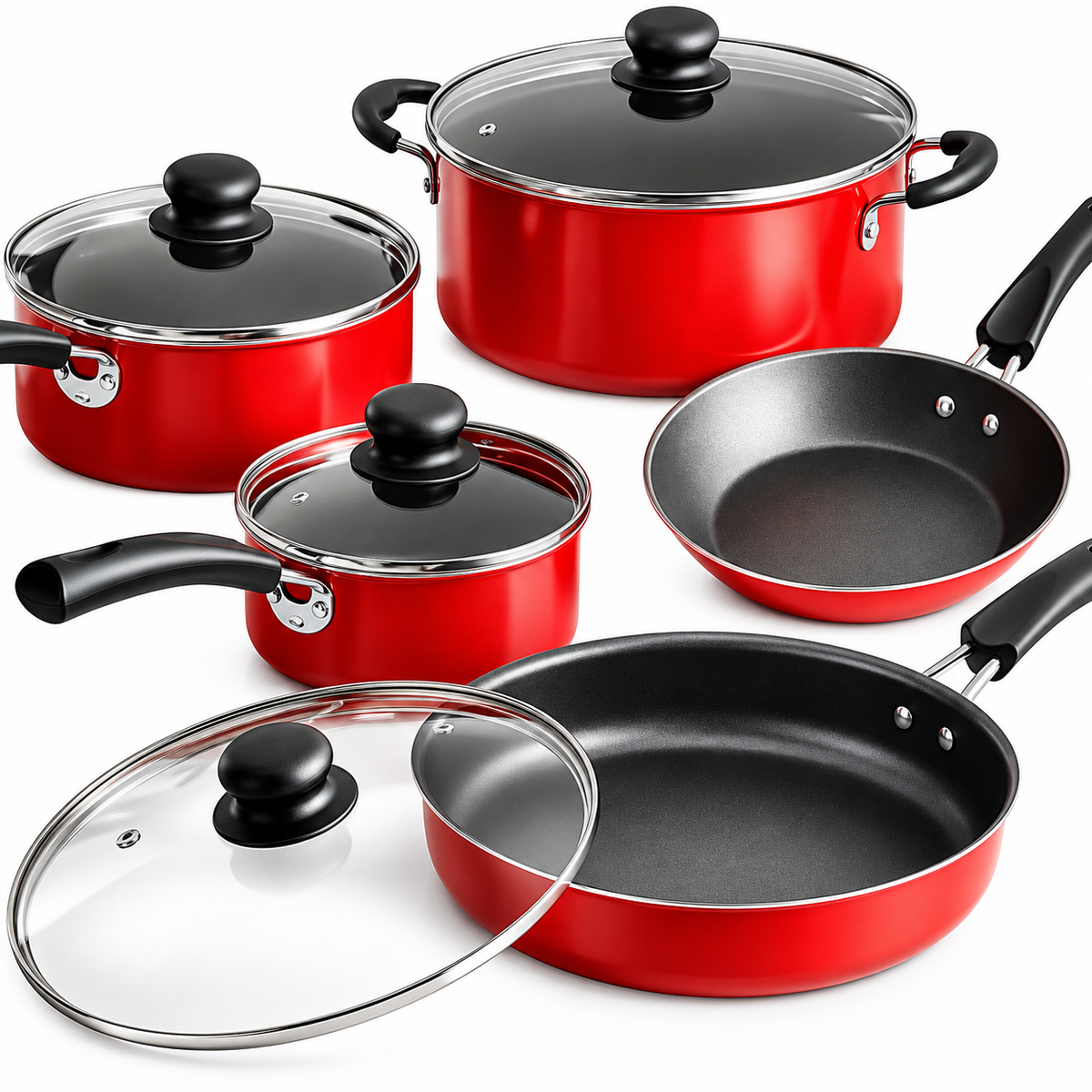 Red Non Stick Cookware Set With Glass Lids