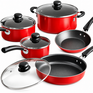 Red Non Stick Cookware Set With Glass Lids