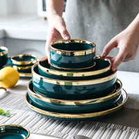 Luxury Ceramic Dinnerware Set Modern Plates, Bowls, Cups & Saucers with Gold Rim