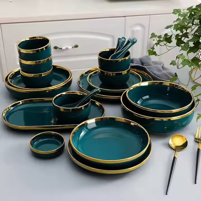 Luxury Ceramic Dinnerware Set Modern Plates, Bowls, Cups & Saucers with Gold Rim