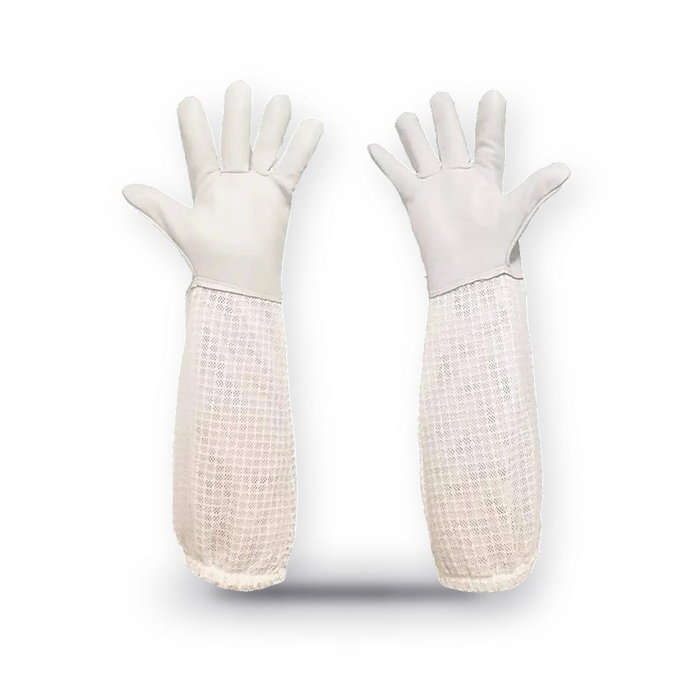 White Sheepskin Beekeeping Gloves with 3-Layer Mesh Sleeves for Hive Work