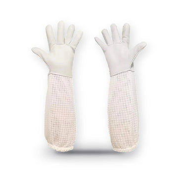 White Sheepskin Beekeeping Gloves with 3-Layer Mesh Sleeves for Hive Work