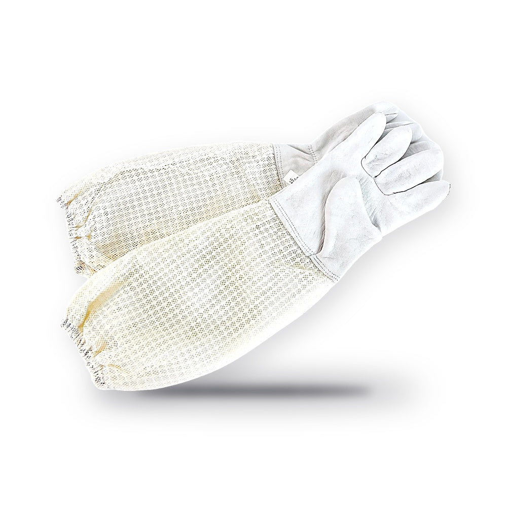 White Sheepskin Beekeeping Gloves with 3-Layer Mesh Sleeves for Hive Work