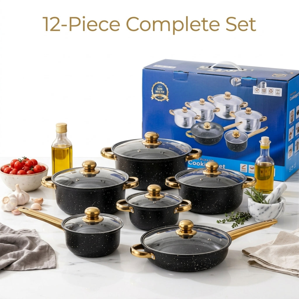 12-Piece Granite Cookware Set with Gold Handles