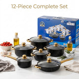 12-Piece Granite Cookware Set with Gold Handles