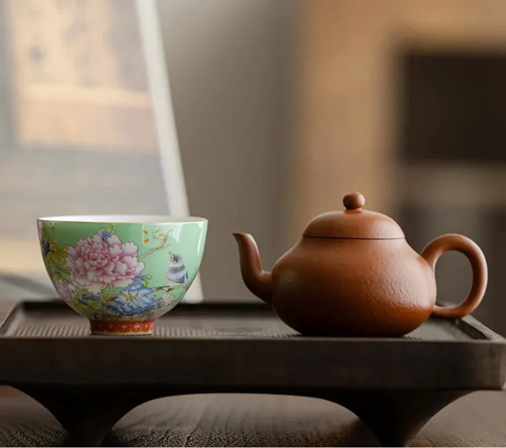 Kiyorae Floral Ceramic Tea Cup Hand-Painted Peony Matcha Bowl
