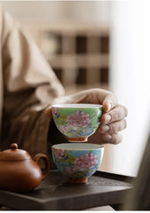 Kiyorae Floral Ceramic Tea Cup Hand-Painted Peony Matcha Bowl