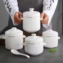 Ceramic Soup Bowl Set with Lid & Spoon Heat-Resistant Food Storage Bowls