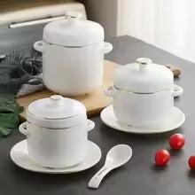 Ceramic Soup Bowl Set with Lid & Spoon Heat-Resistant Food Storage Bowls