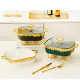 Luxury Ceramic Serving Dish Set with Glass Lid & Gold Stand Elegant Casserole Bakeware