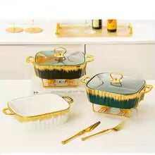 Luxury Ceramic Serving Dish Set with Glass Lid & Gold Stand Elegant Casserole Bakeware
