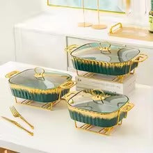 Luxury Ceramic Serving Dish Set with Glass Lid & Gold Stand Elegant Casserole Bakeware