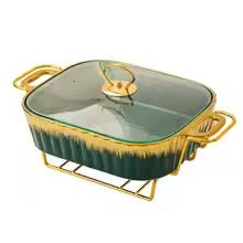 Luxury Ceramic Serving Dish Set with Glass Lid & Gold Stand Elegant Casserole Bakeware