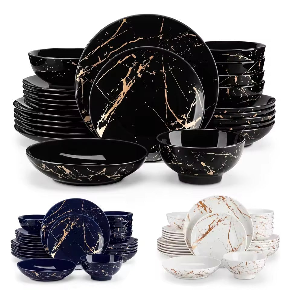 16-Piece Marble Ceramic Dinnerware Set Luxury Plates & Bowls with Gold Pattern