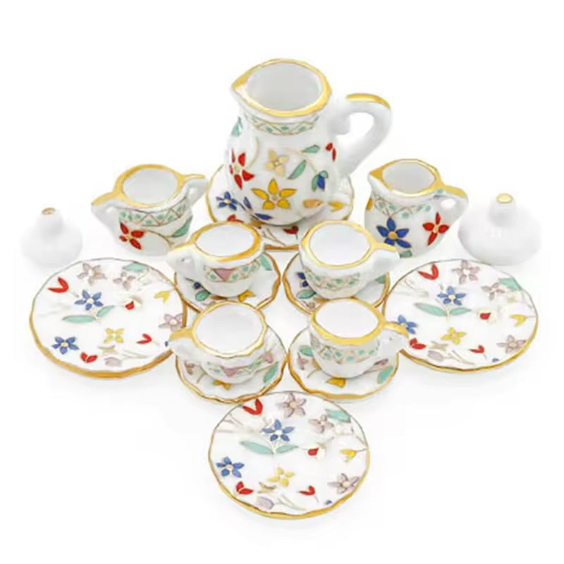 Luxury Floral Porcelain Tea Set Vintage Tea Cups, Teapot & Serving Plates with Gold Trim