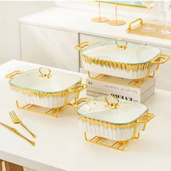 Luxury Ceramic Serving Dish Set with Glass Lid & Gold Stand Elegant Casserole Bakeware