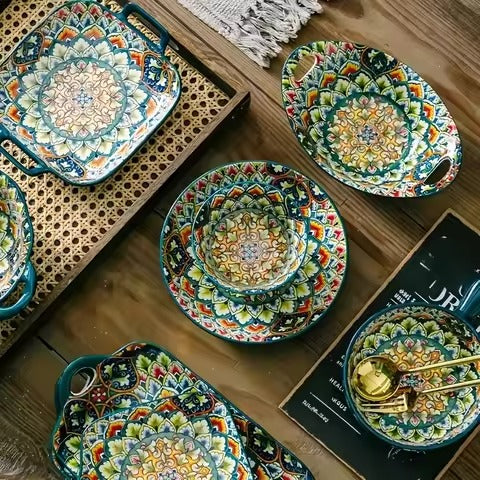 Bohemian Ceramic Dinnerware Set Colorful Mandala Plates & Bowls for Elegant Dining