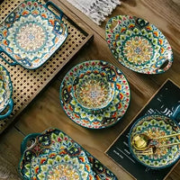 Bohemian Ceramic Dinnerware Set Colorful Mandala Plates & Bowls for Elegant Dining