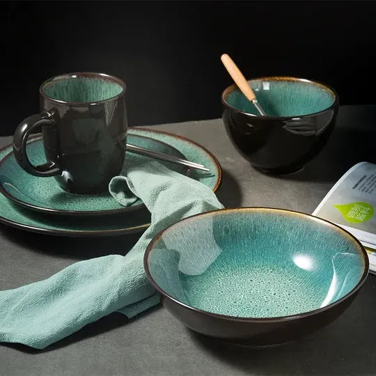 Blue Ceramic Dinnerware Set With Bowl Spoon Cup & Chopsticks