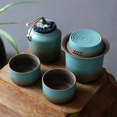 Vintage Green Pottery Tea Set with Teapot & 4 Cups