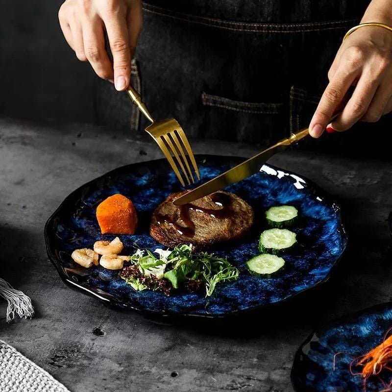 Blue Ceramic Dinnerware Set With Plates & Bowls