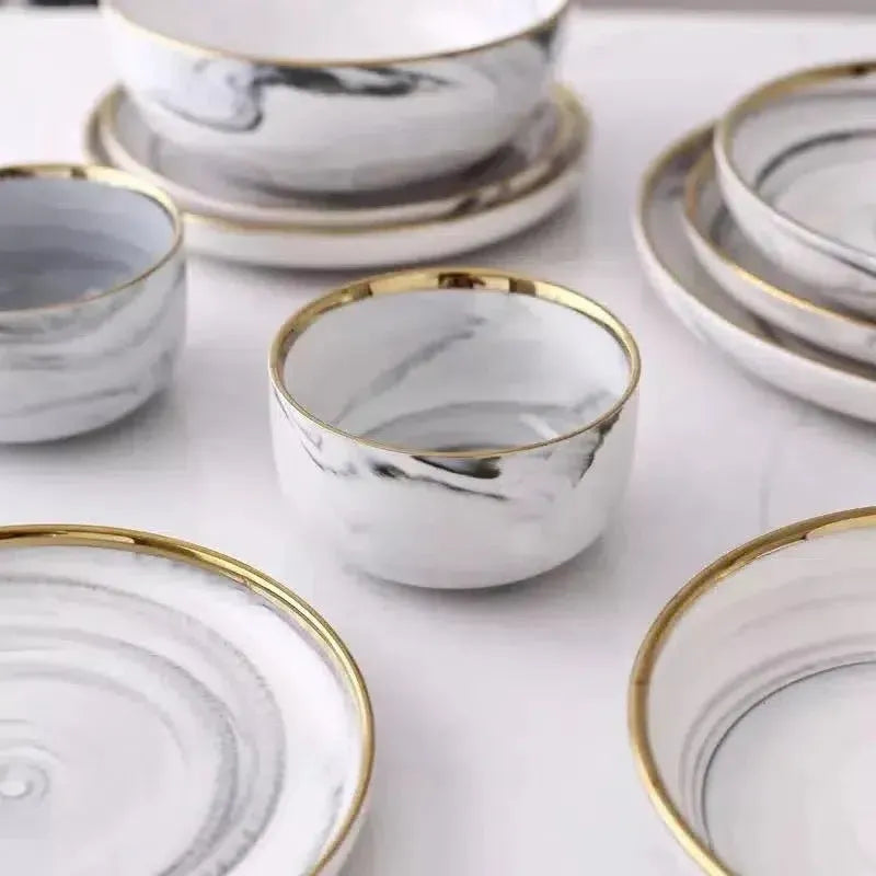 Marble Design Ceramic Dinnerware Set With Gold Trim