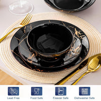 16-Piece Marble Ceramic Dinnerware Set Luxury Plates & Bowls with Gold Pattern