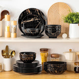 16-Piece Marble Ceramic Dinnerware Set Luxury Plates & Bowls with Gold Pattern