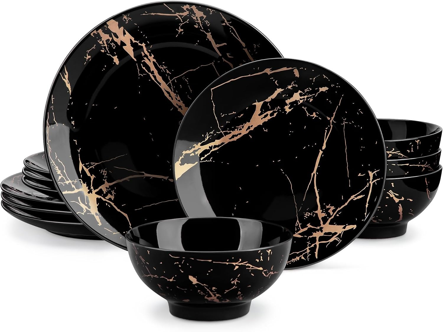 16-Piece Marble Ceramic Dinnerware Set Luxury Plates & Bowls with Gold Pattern