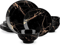 16-Piece Marble Ceramic Dinnerware Set Luxury Plates & Bowls with Gold Pattern
